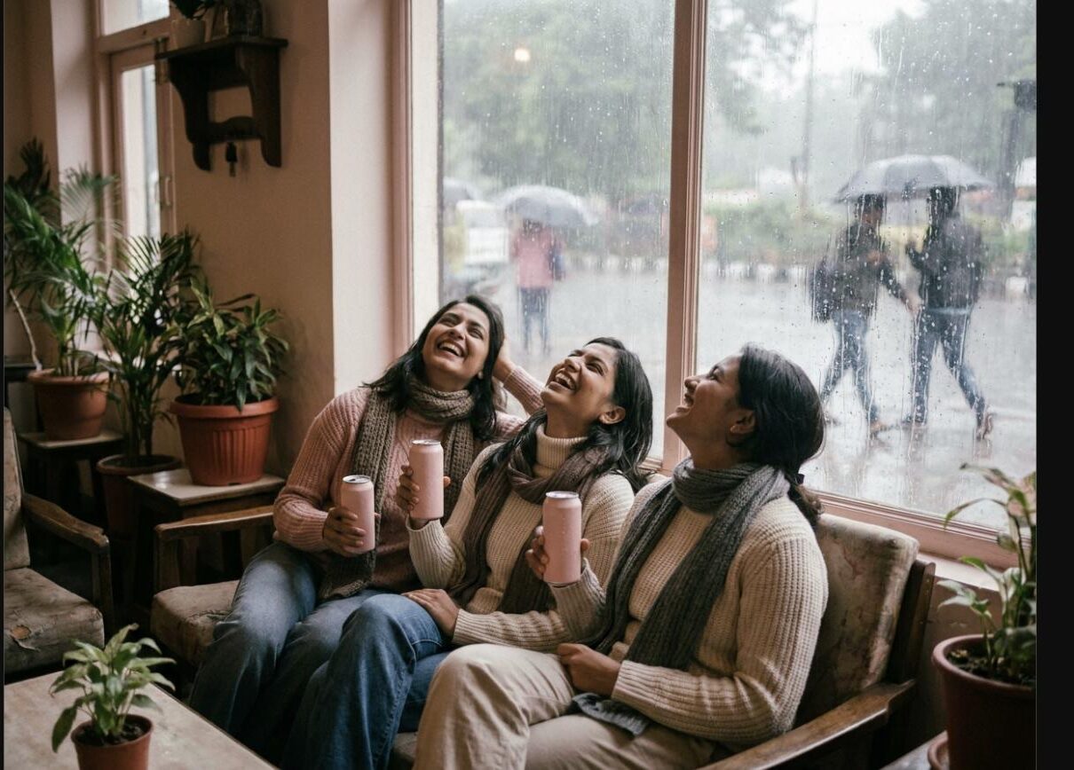 Three friends laughing on a rainy monsoon afternoon in India, each holding a can of Himalayan Berry
